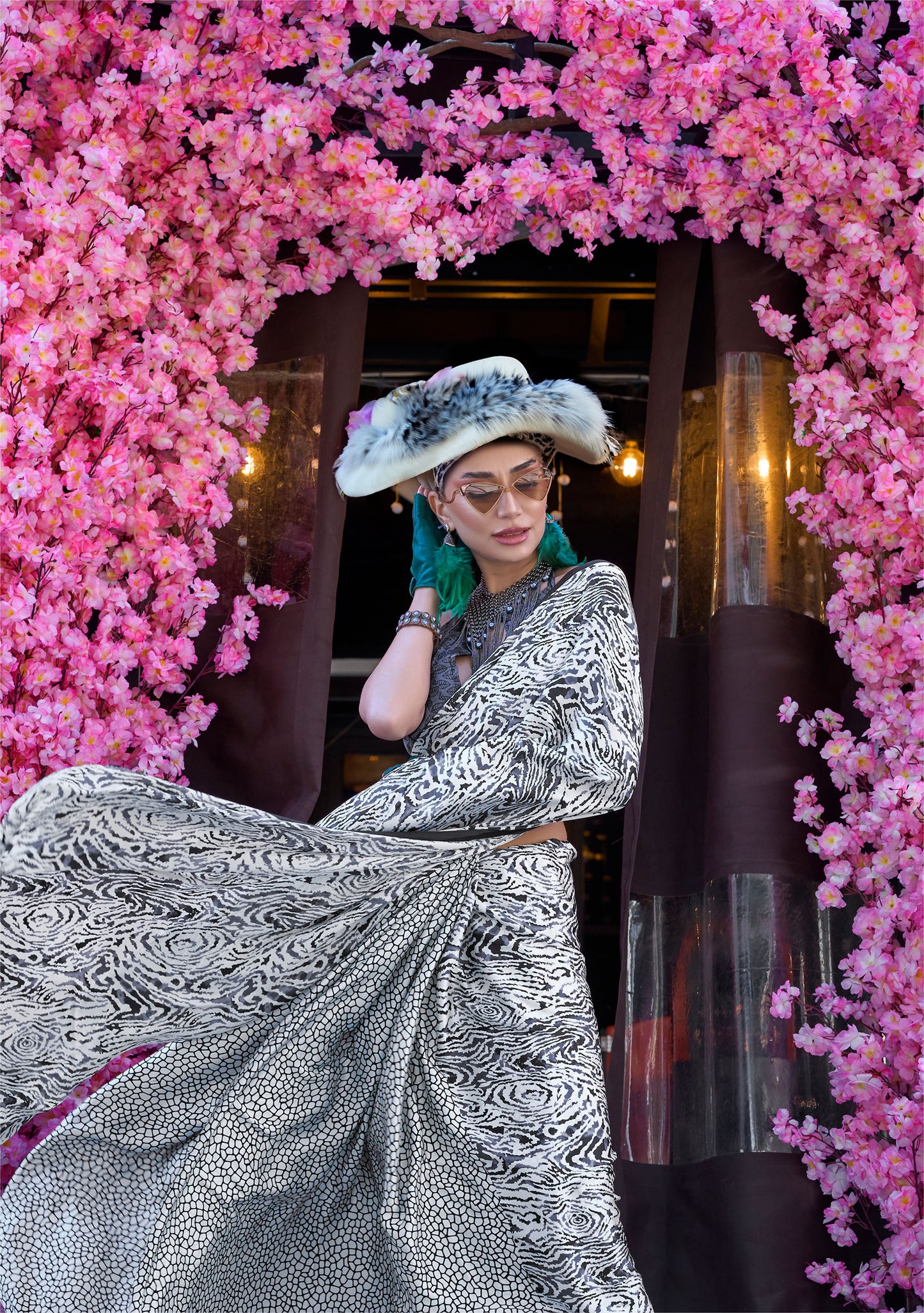 White and black Abstract Kazule Contemporary Satin Crepe Saree