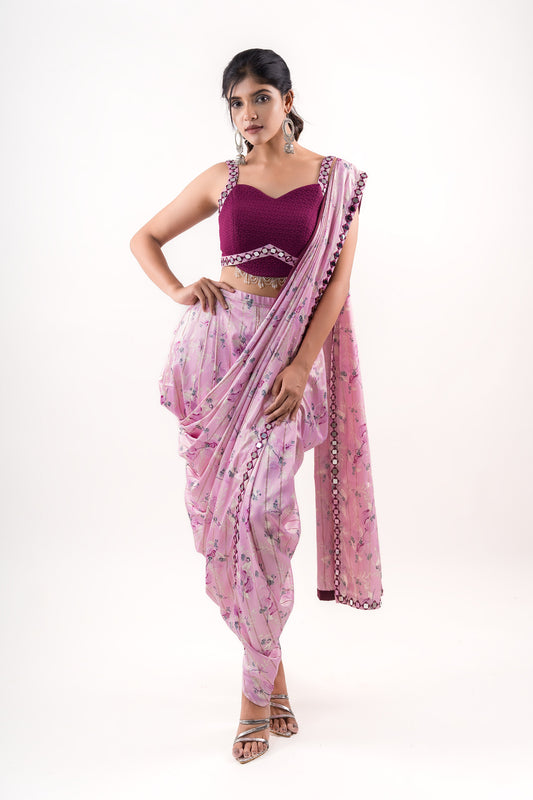 Wine Quilted crop top, draped dhoti pants