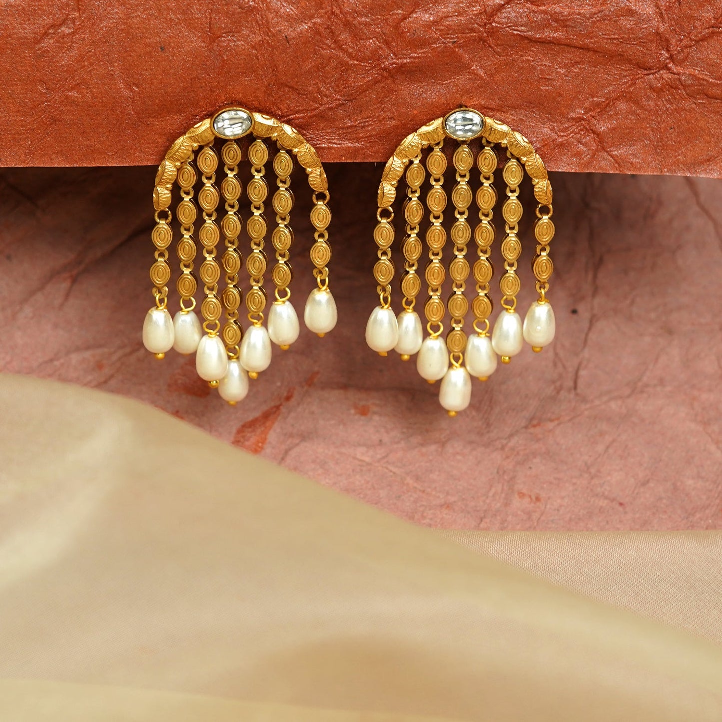 Zevar Club 22K Gold-Plated Handcrafted Semi-Circle Dangler Earrings with White Pearls & Golden Chain Drops