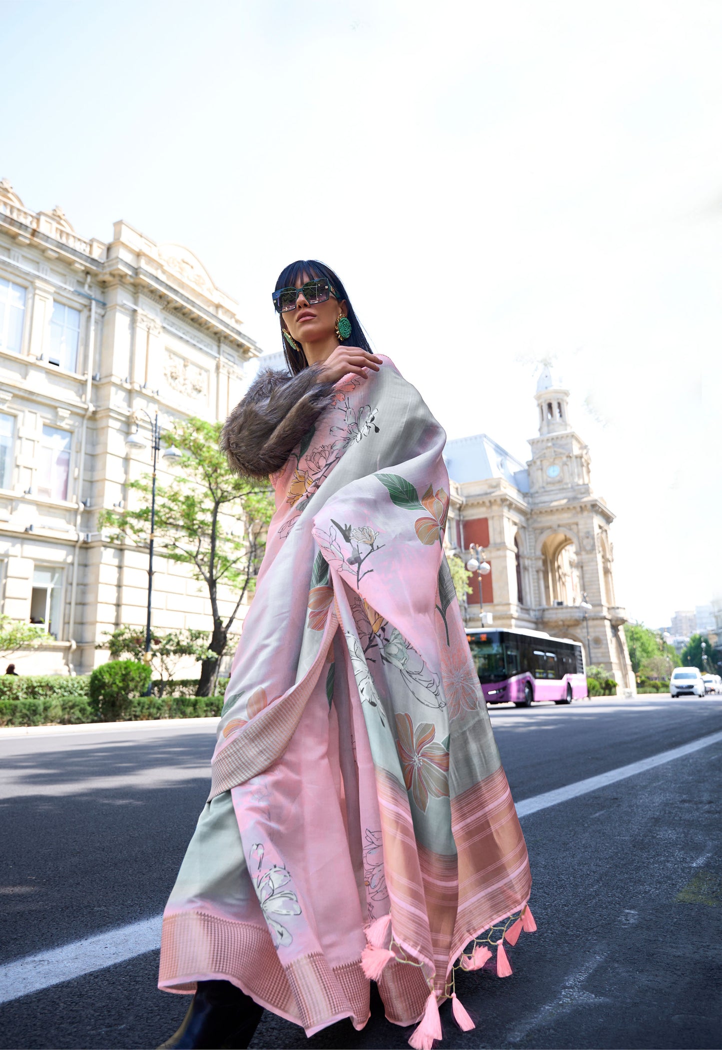 Peach Floral Klay Print Satin Organza Saree