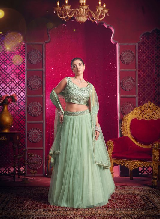Pista Green Net Sequence Embroidery Bridesmaid Lehenga