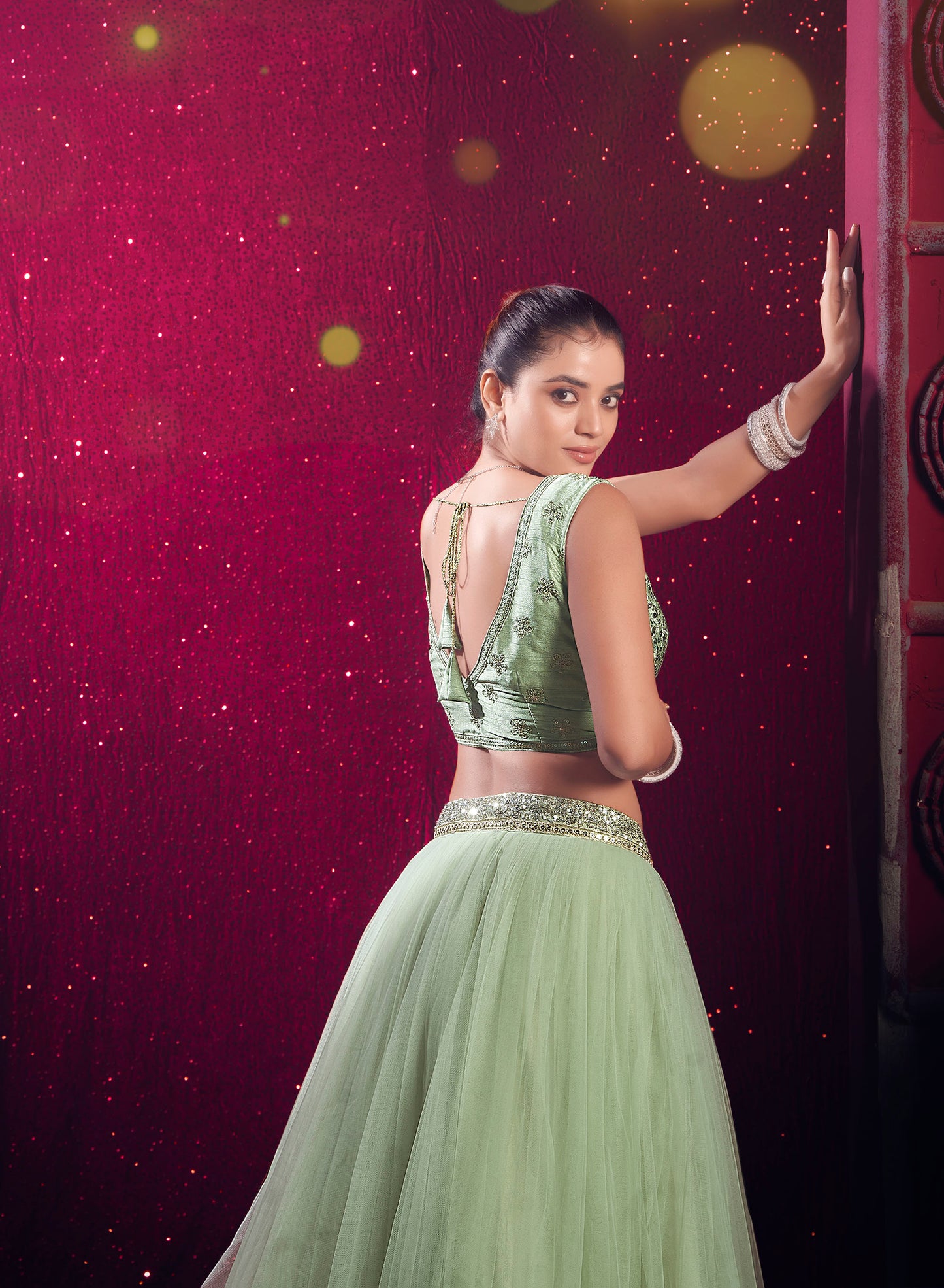 Pista Green Net Sequence Embroidery Bridesmaid Lehenga