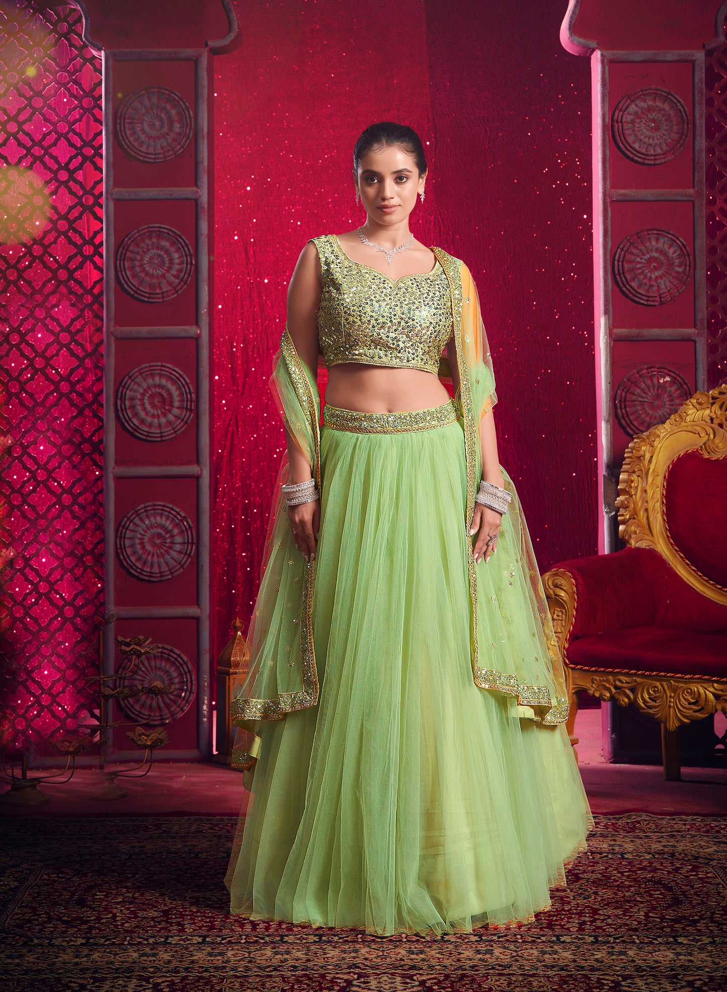 Green Net Sequence Embroidery Sangeet Lehenga