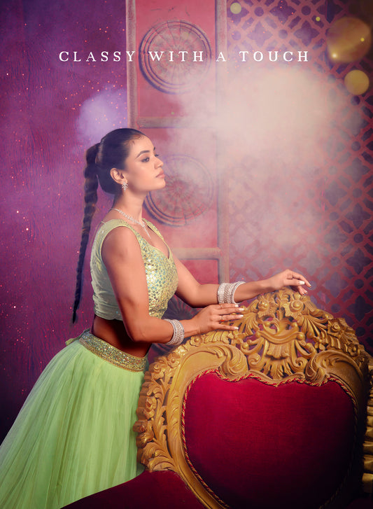 Green Net Sequence Embroidery Sangeet Lehenga