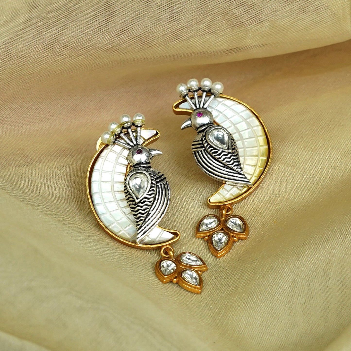 Zevar Club Dual-Tone Oxidised Silver & Gold-Plated Big Twin Bird Stud Earrings with White Kundan & Pearls
