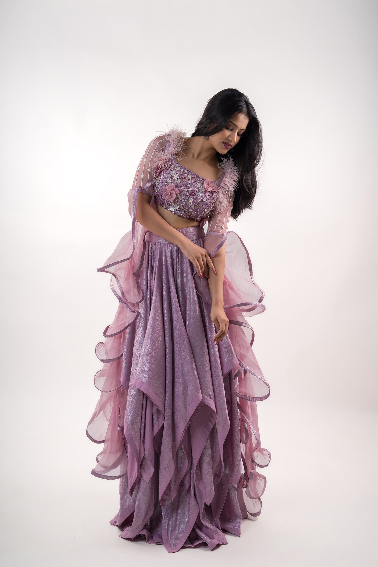 Glimmer Purple Three Layers Asymmetric Skirt With Crop-Top Attached Ruffle Sleeves