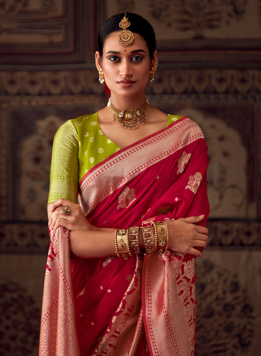 Red Banarasi Crepe Georgette Zari Woven Roopkala Saree