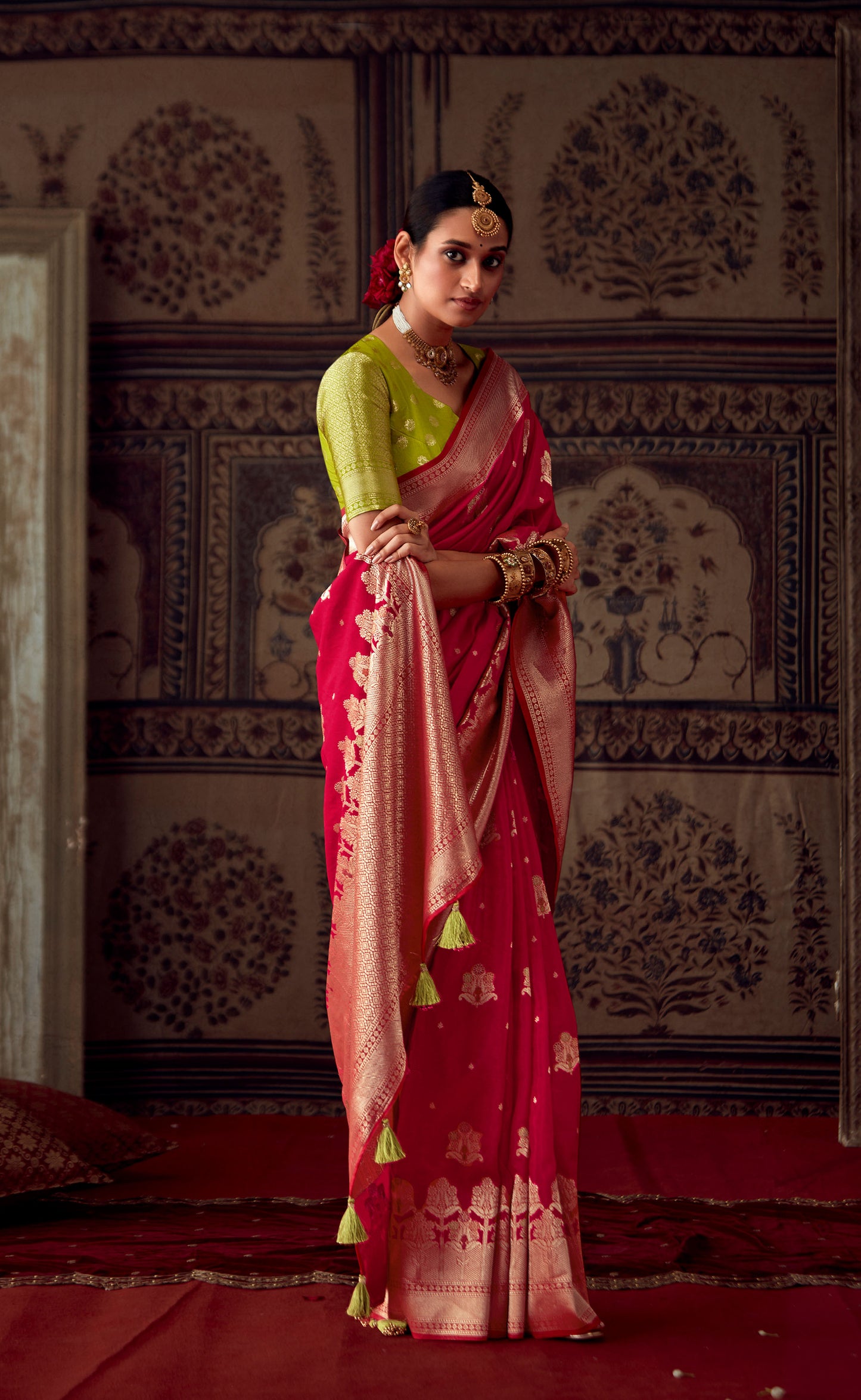 Red Banarasi Crepe Georgette Zari Woven Roopkala Saree