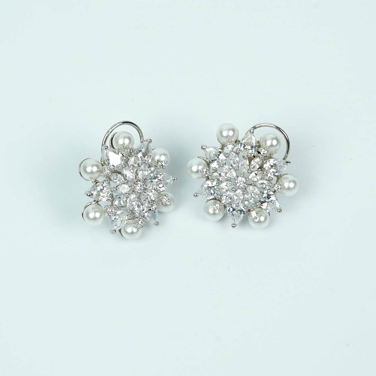 Zevar Club Rhodium-Plated Handcrafted Floral Cubic Zirconia & Pearl Stud Earrings