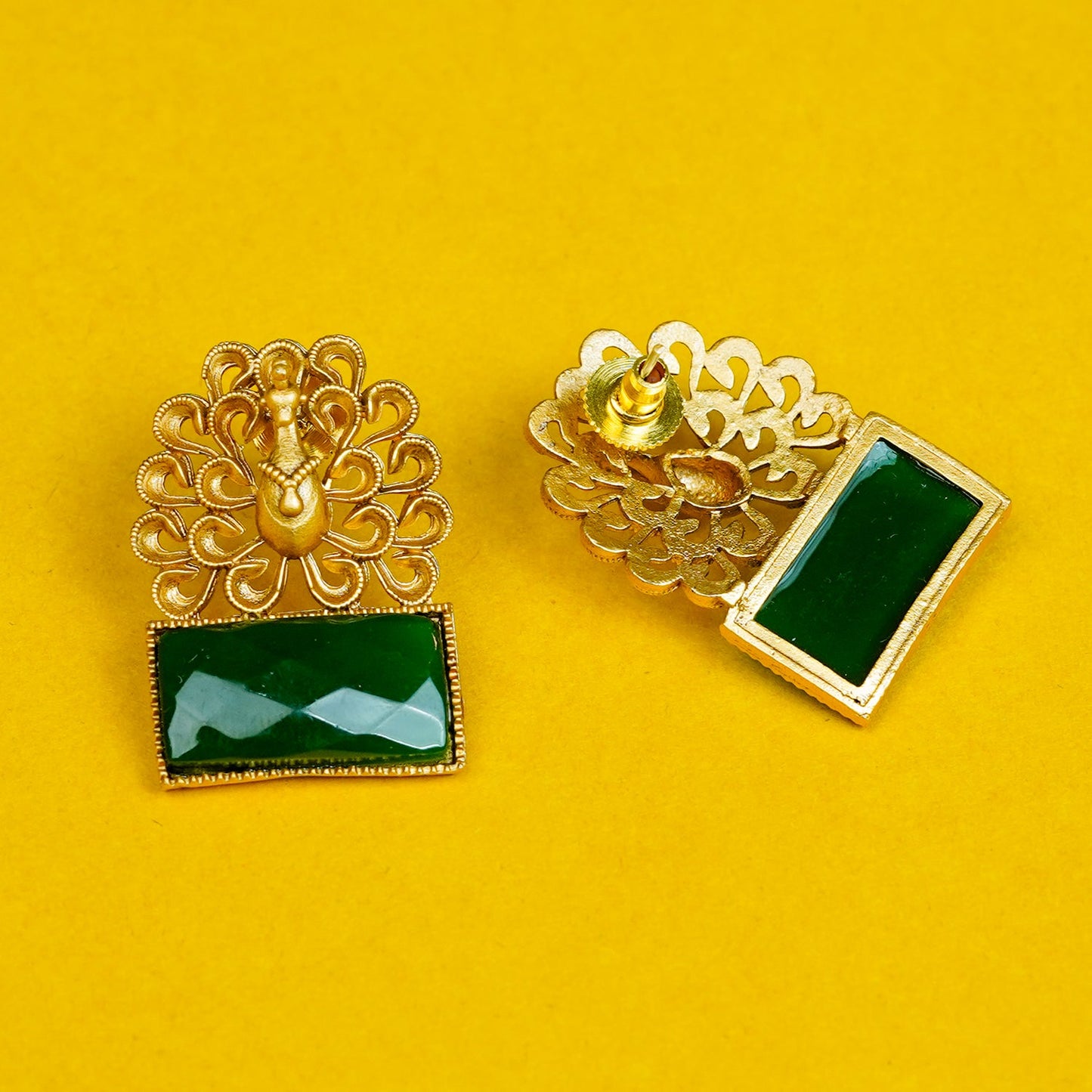 Zevar Club Brass Gold-Toned Statement Peacock Motif Earrings with Emerald Red Rectangular Stones