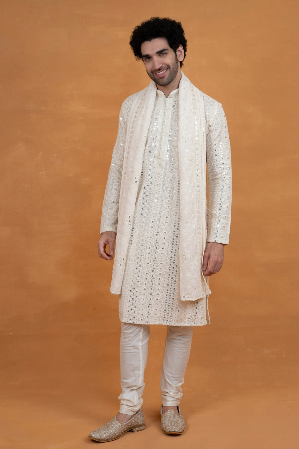 White silk lucknowi silk kurta set with mirror and sequins work