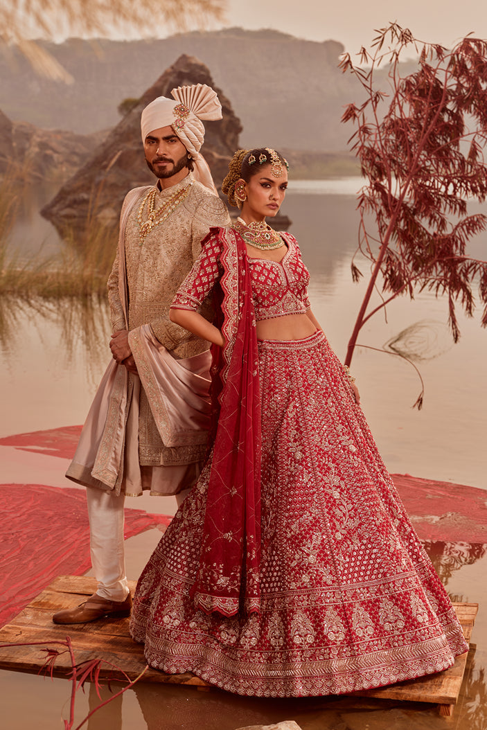 Red Sequin Heavy Embellished Bridal Lehenga