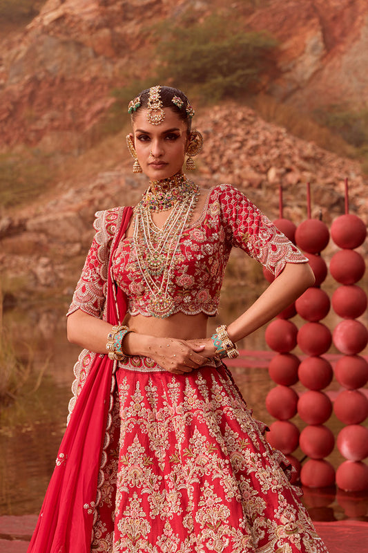 Red Raw Silk Bridal Lehenga with Scallop Dupatta