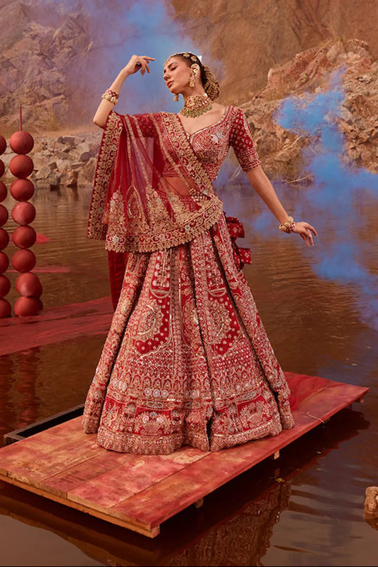 Red Silk Mirror & Shisha Embroidered Bridal Lehenga