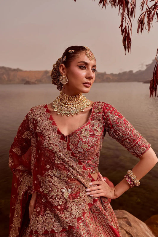 Red Intricate Hand Embroidery Bridal Lehenga