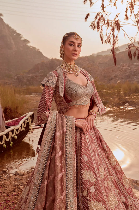 Blush Pink Tissue Silk Heavy Embroidered Bridal Lehenga