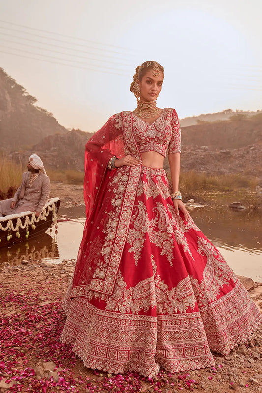 Red Raw Silk Paisley Embroidery Bridal Lehenga