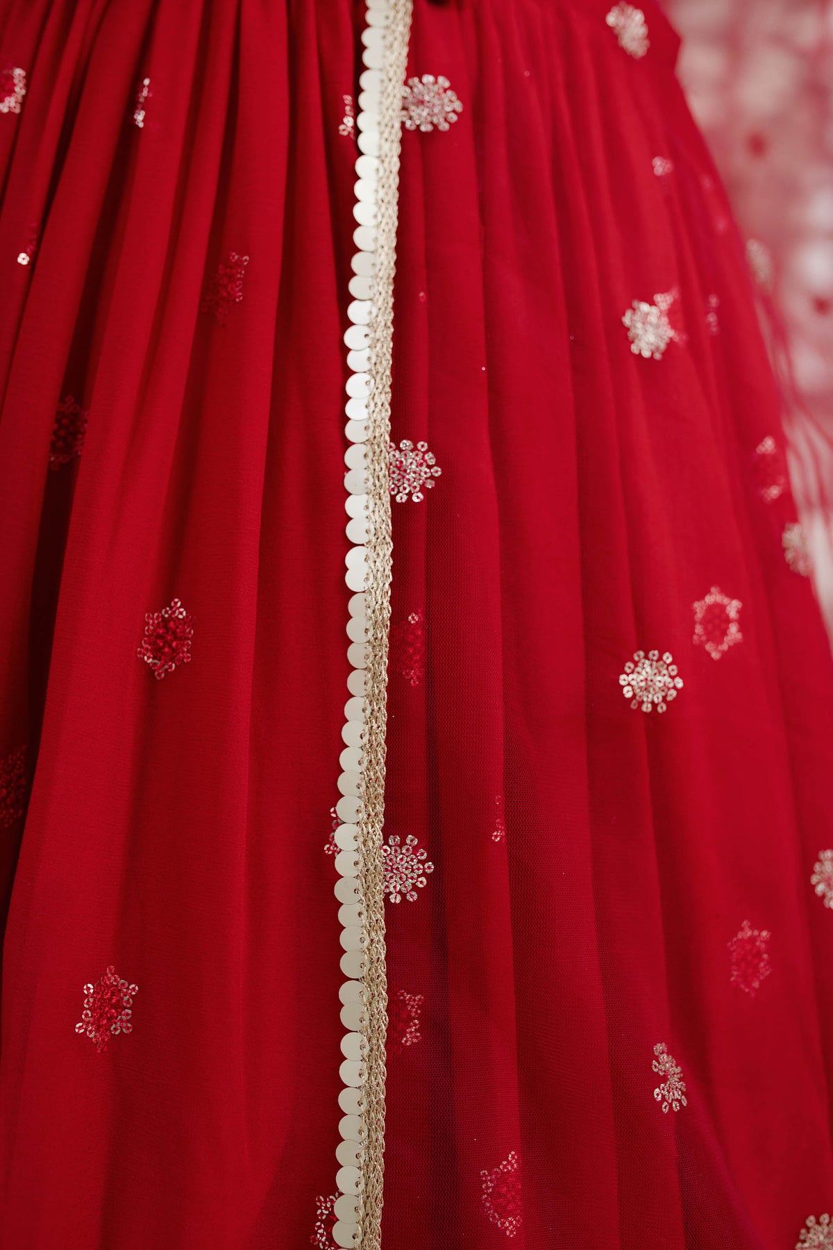 Red Georgette Sequins & Zari Embroidered Festive Lehenga