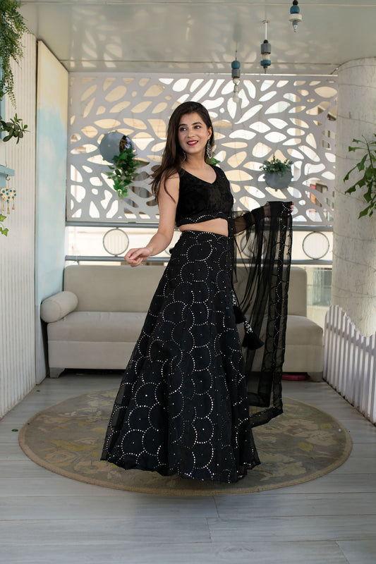 Black Georgette Sequins & Zari Embroidered Festive Lehenga