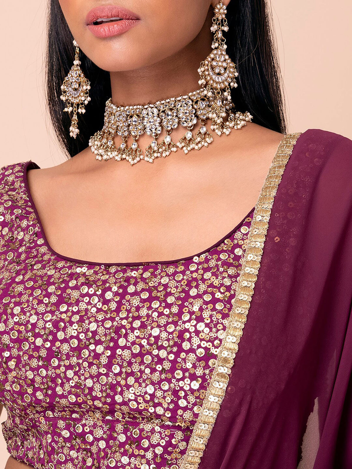 Wine Sequins & Zari Embroidered Georgette Bridesmaid Lehenga Choli