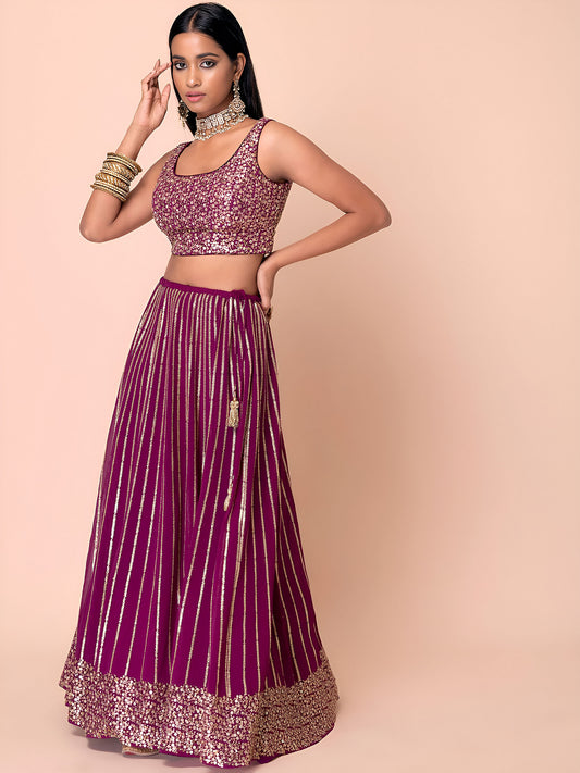 Wine Sequins & Zari Embroidered Georgette Bridesmaid Lehenga Choli