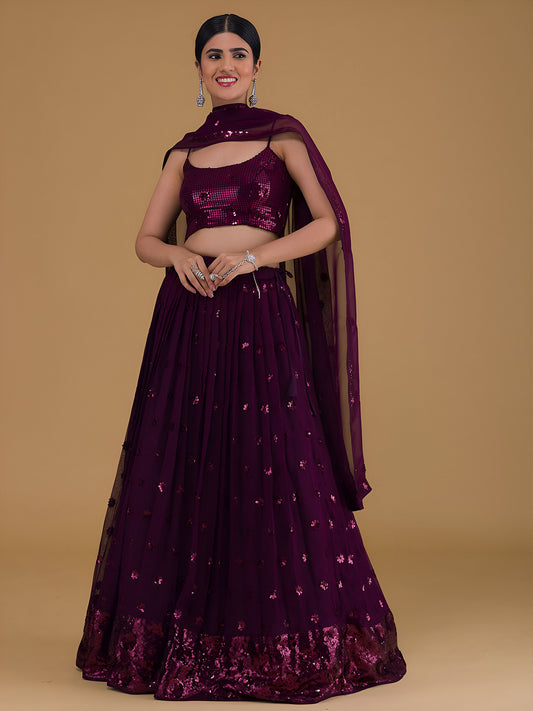 Purple Sequins & Zari Embroidered Georgette Lehenga Choli for Wedding Guest