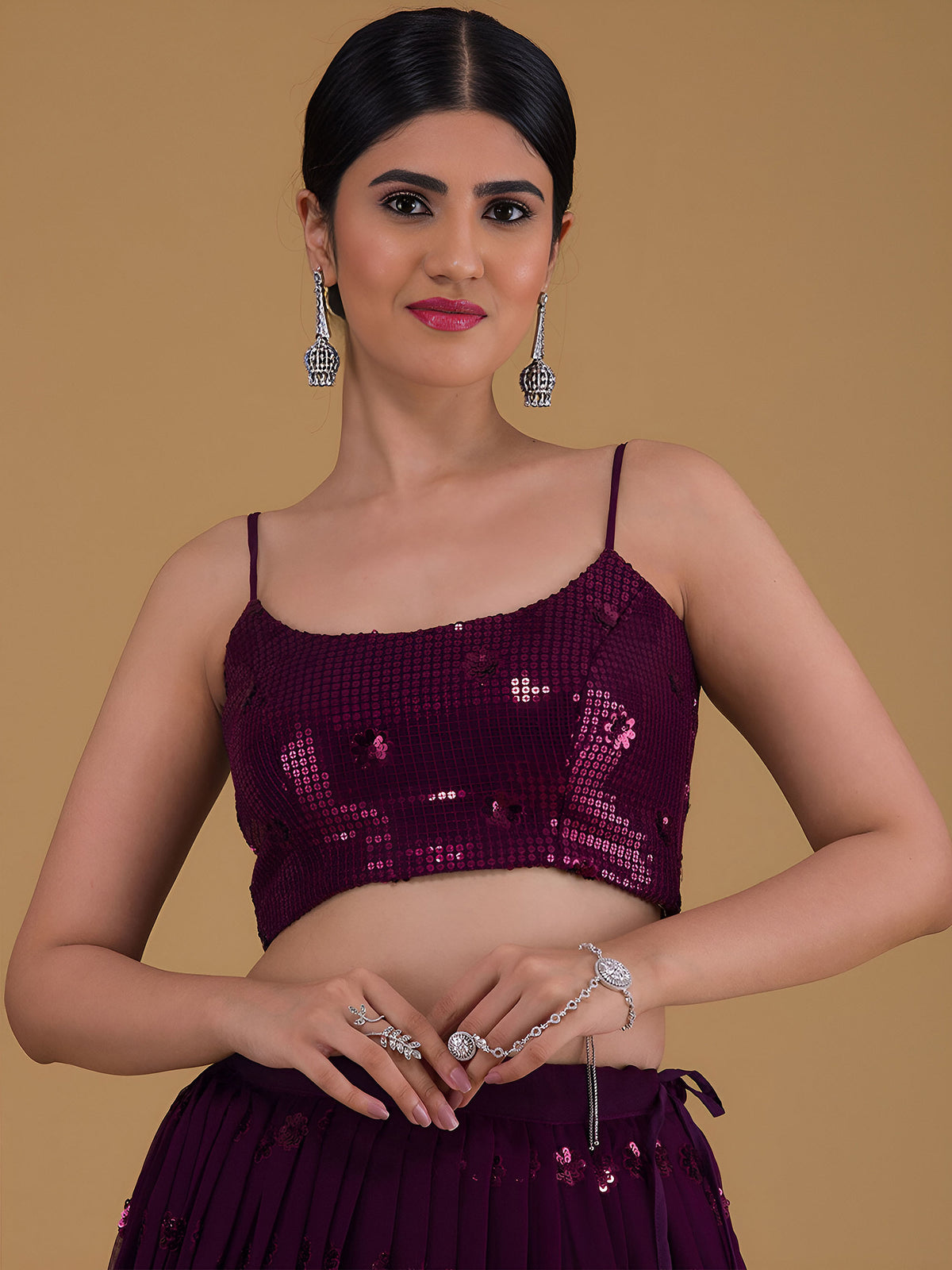 Purple Sequins & Zari Embroidered Georgette Lehenga Choli for Wedding Guest