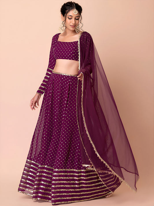 Wine Sequins & Zari Embroidered Georgette Wedding Guest Lehenga Choli