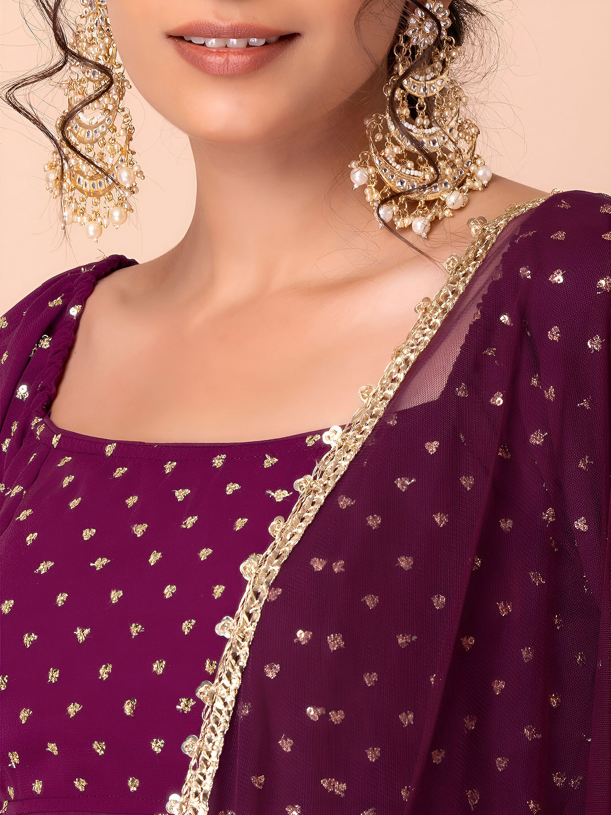 Wine Sequins & Zari Embroidered Georgette Wedding Guest Lehenga Choli