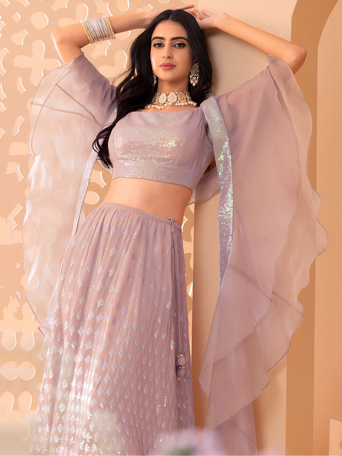 Light Pink Sequins & Zari Embroidered Georgette Sangeet Lehenga Choli
