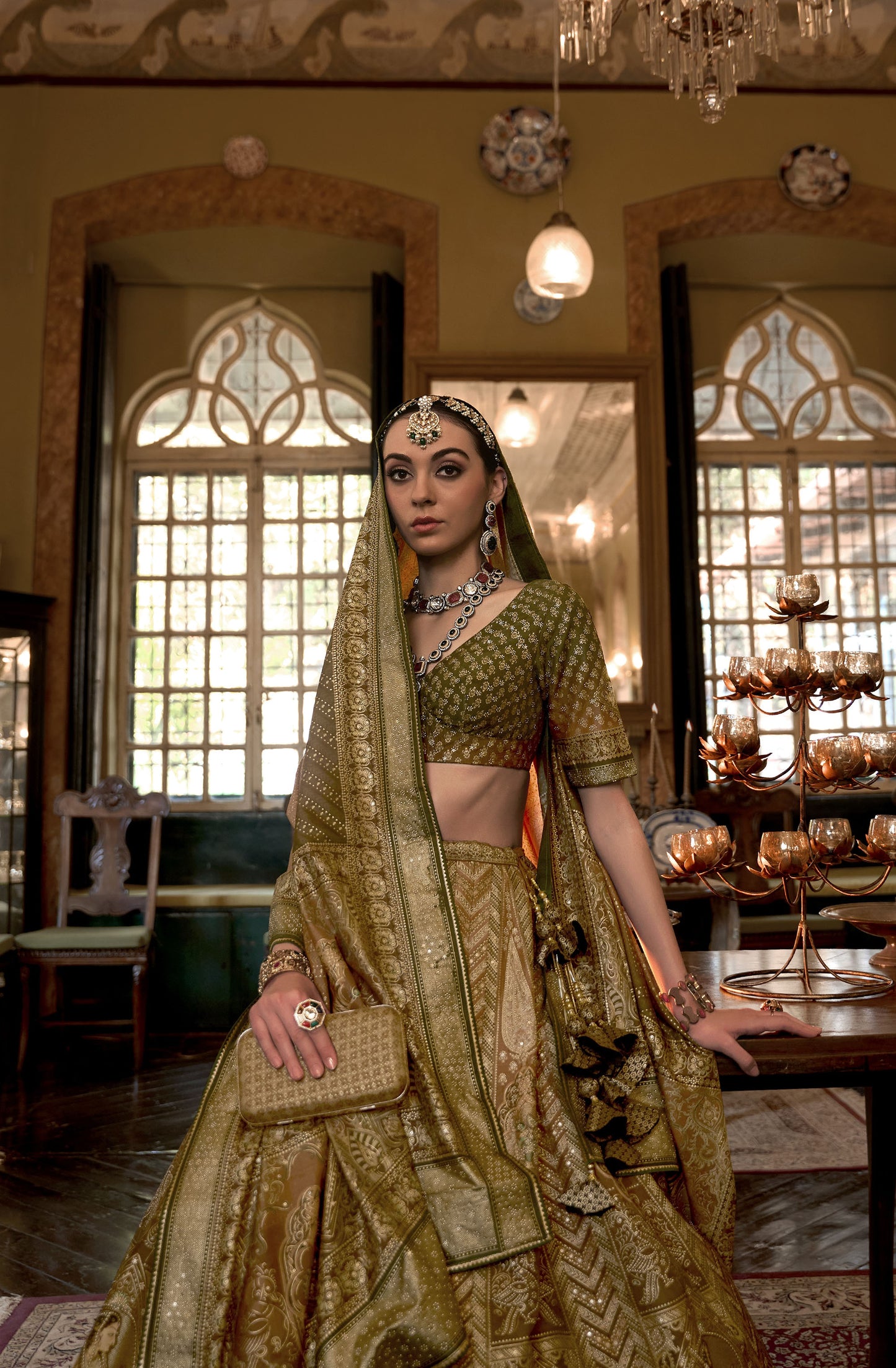 Elegant Mehendi Green Silk Stone Work Bridal Lehenga