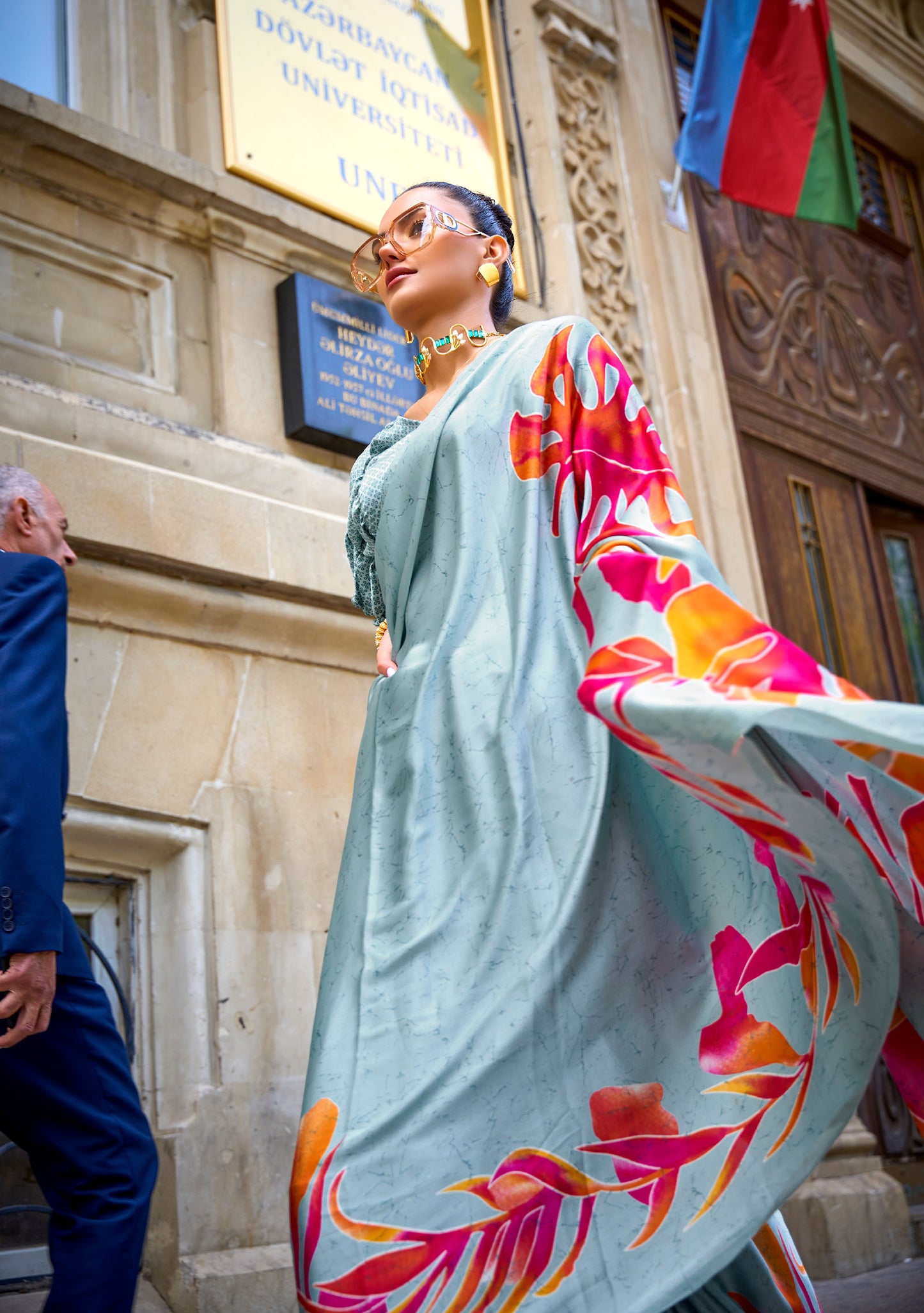 SIlver Orange Floral Kubik Print Satin Saree