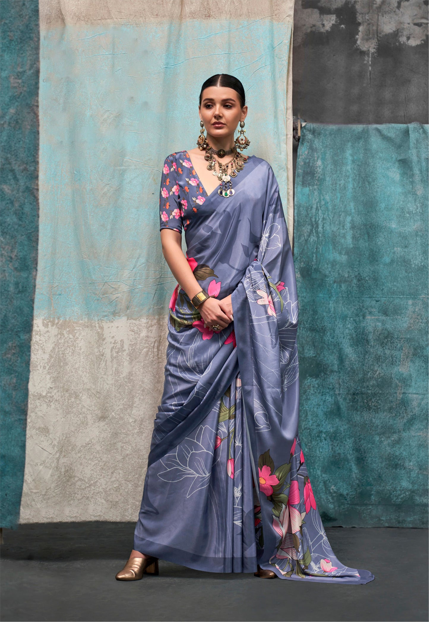 Dusty Purple Kernia's Printed Pure Silk Crepe Saree