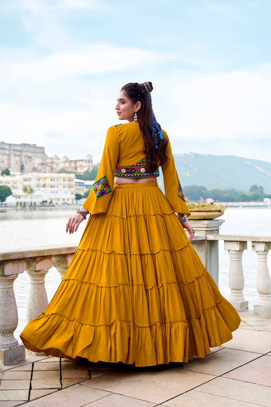 Mustard Rayon Mirror Gamthi Work Navratri Lehenga Choli