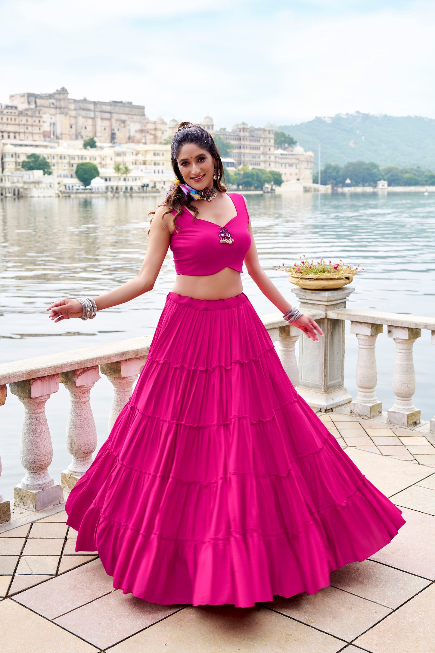 Pink Rayon Mirror Gamthi Work Navratri Lehenga Choli