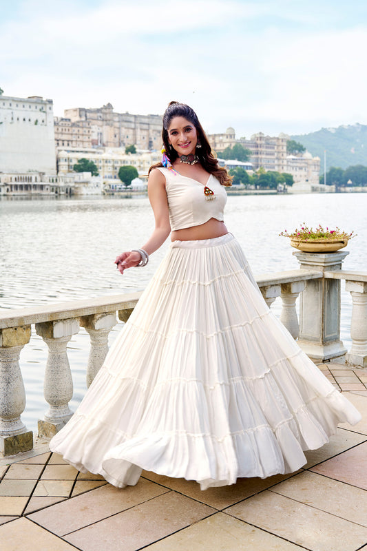 White Rayon Mirror Gamthi Work Navratri Lehenga Choli