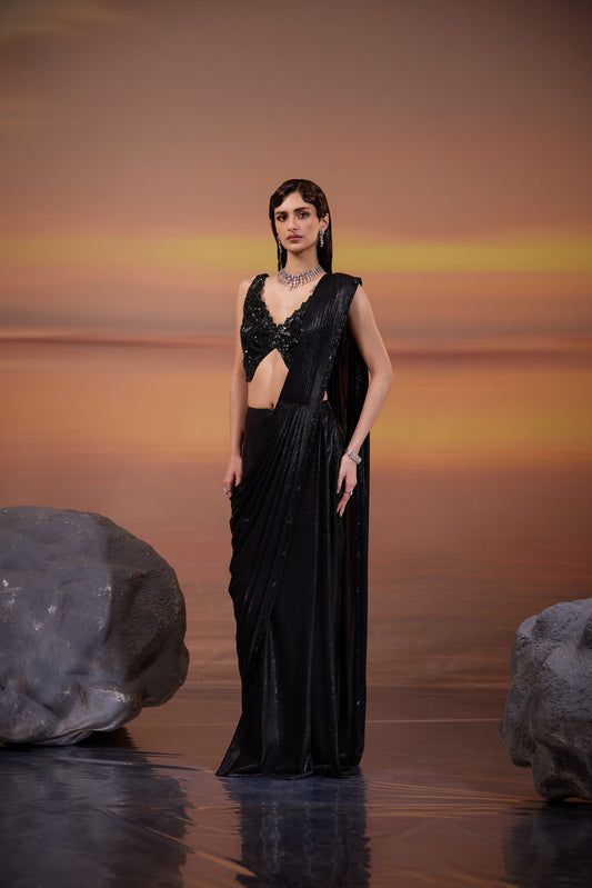 Black hand Embroidered Metallic Lycra Cocktail Drape Saree
