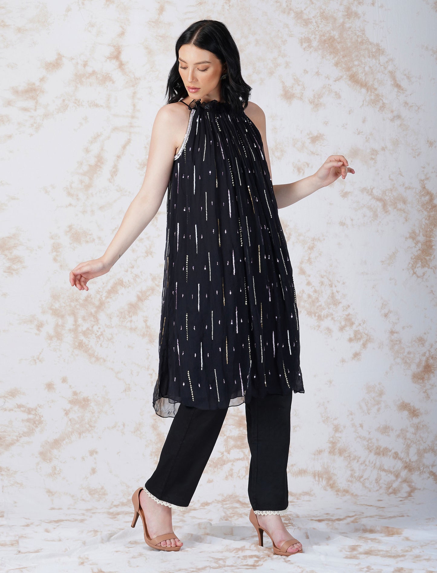 Black Sequined Halter Tunic Set