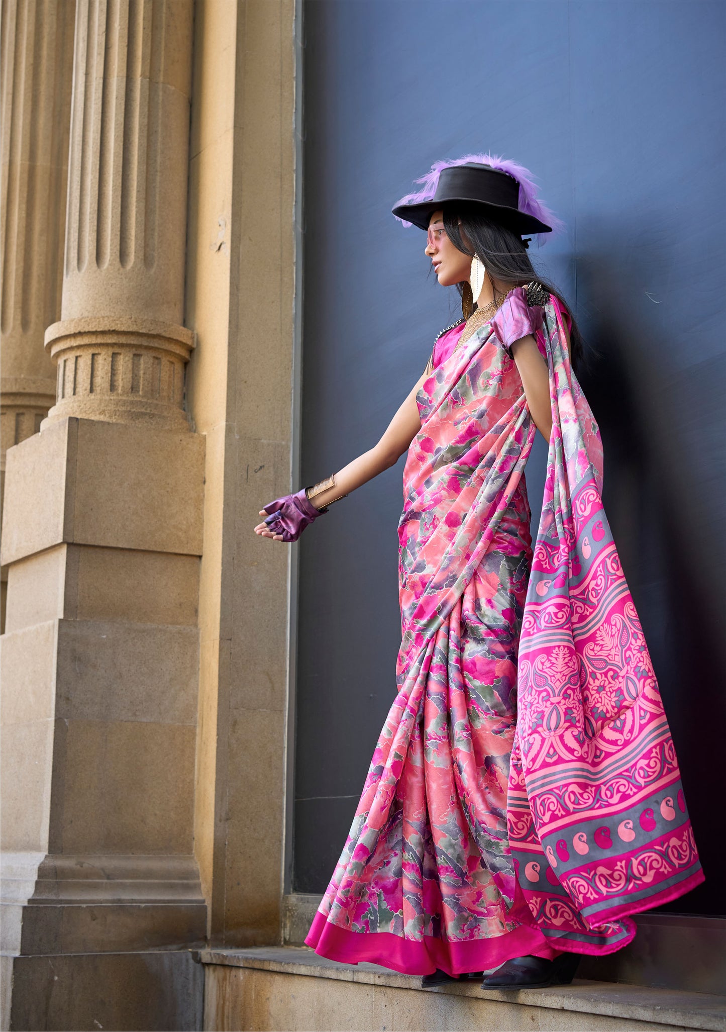 Pink FLoral Kazule Contemporary Satin Crepe Saree