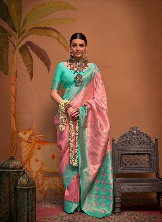 Pink and Turquoise Kalamari Handloom Silk Saree