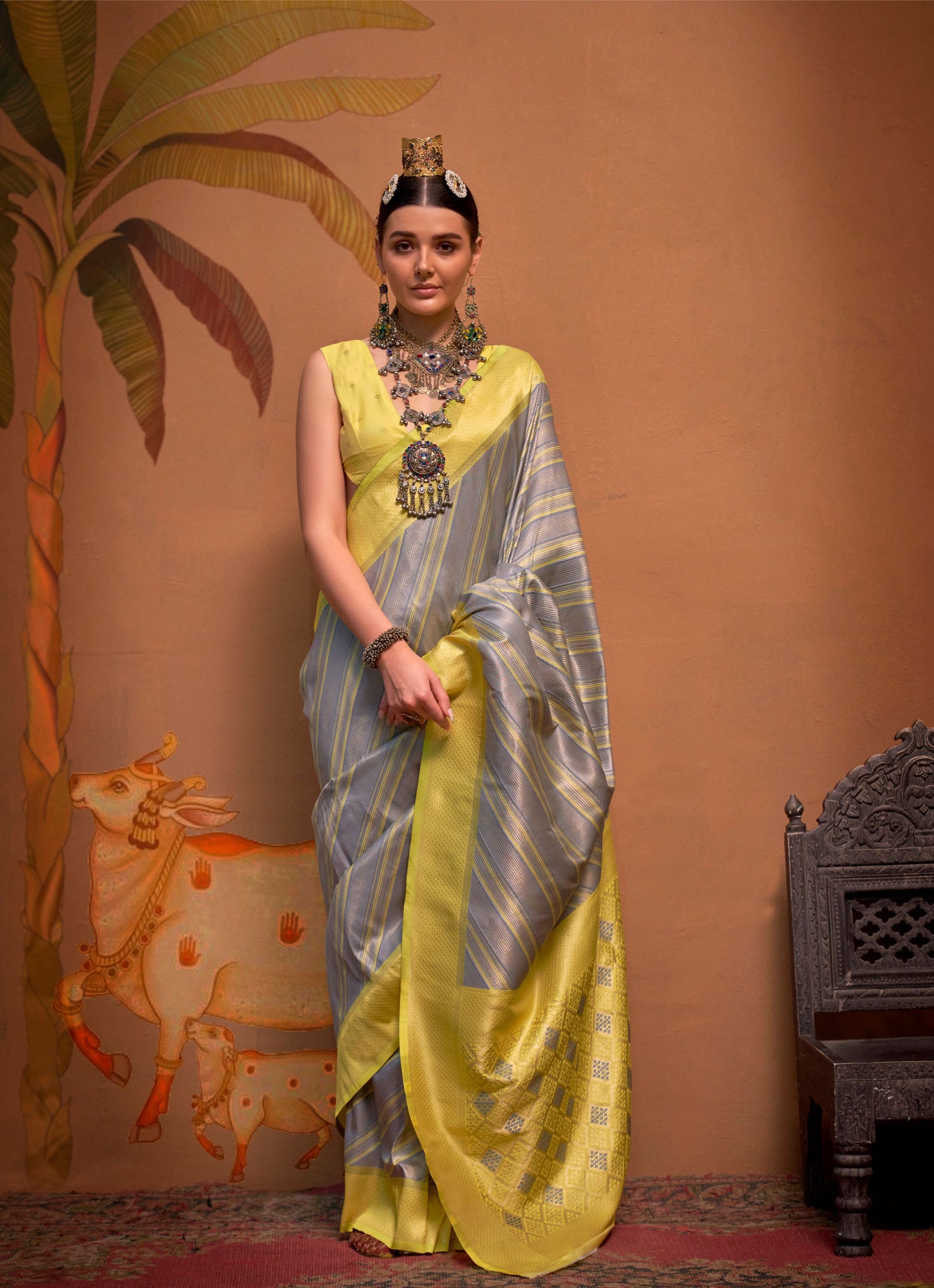 Yellow and Grey Kalamari Handloom Silk Saree