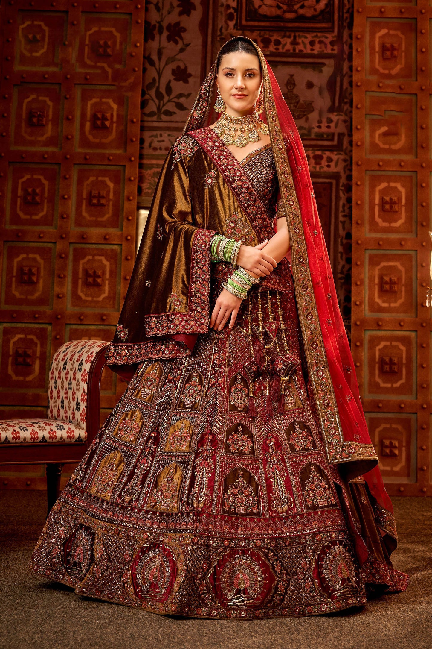 Maroon Velvet Hand Embroidered Heavy Bridal Lehenga with Double Dupatta
