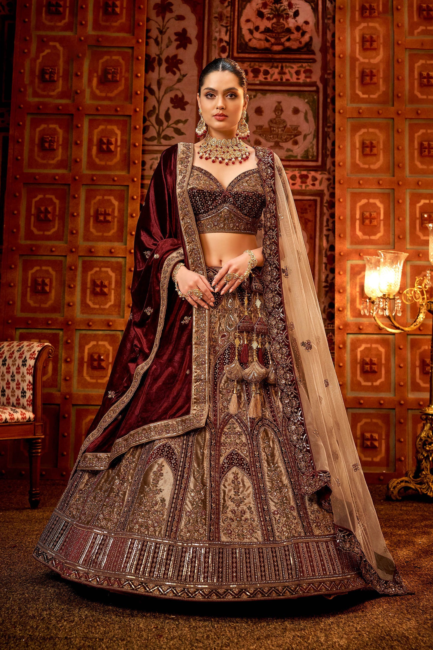 Chickoo Velvet Zarkan Hand Embroidered Heavy Bridal Lehenga with Velvet Dupatta