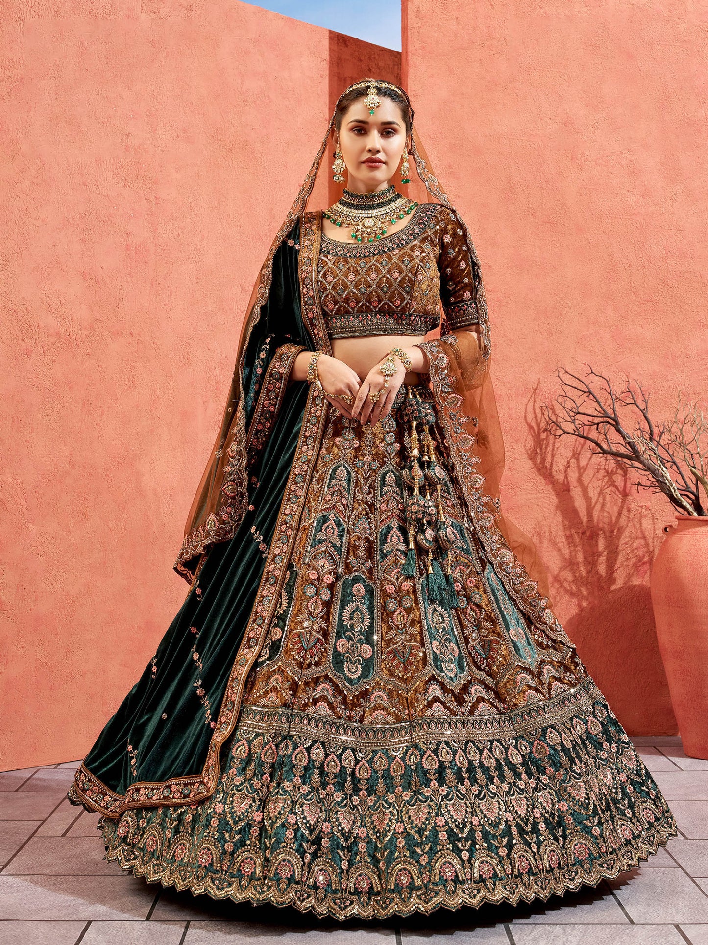 Mustard Velvet Zarkan Hand Embroidered Heavy Bridal Lehenga with Double Dupatta