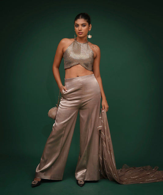 Power Play Bronze Grey Cutdana Work Mashru Satin Co-ord-Set