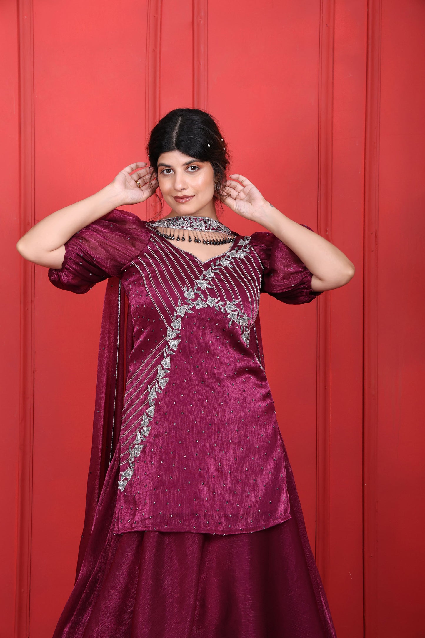 Pansy Purple Heavy Hand Embroidered Puff Sleeves Kurta With Lehenga Set