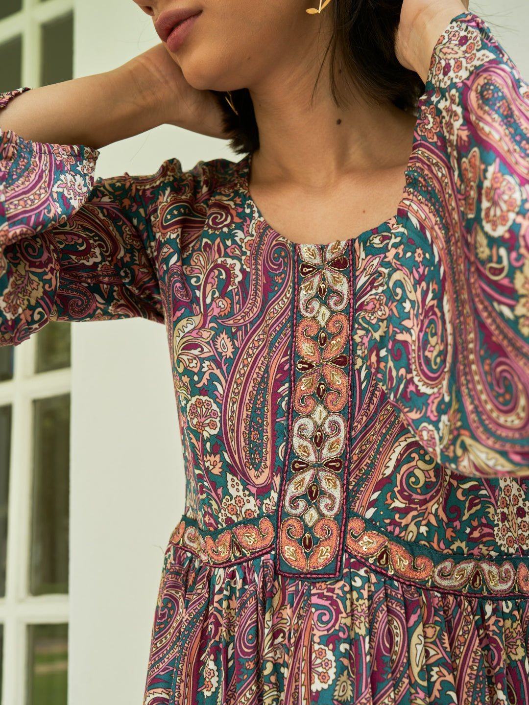 Multicolor Digital Printed Viscose Satin With Hand Embroidery Dress