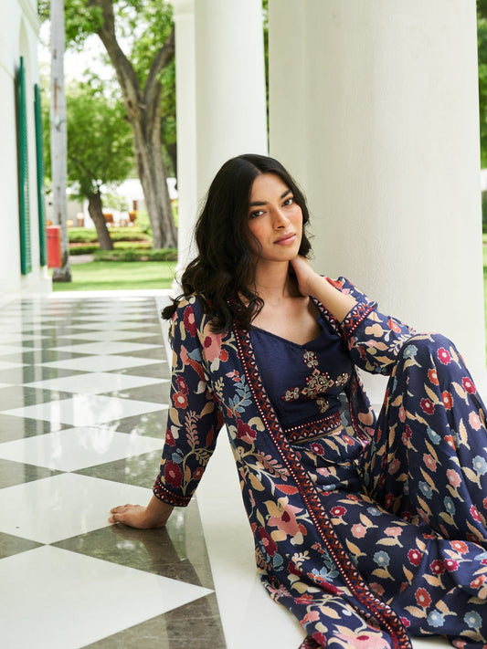 Navy Blue Digital Printed Viscose Satin With Hand Embroidery Co-ords Set With Long Shrug