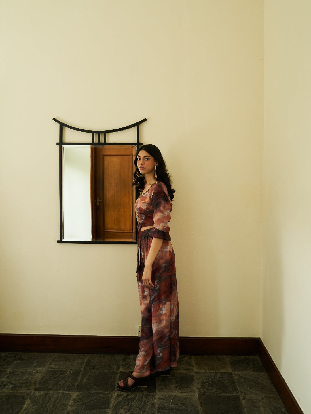 Chocolate Brown Digital Printed Viscose Satin With Hand Embroidery Co-ords Set