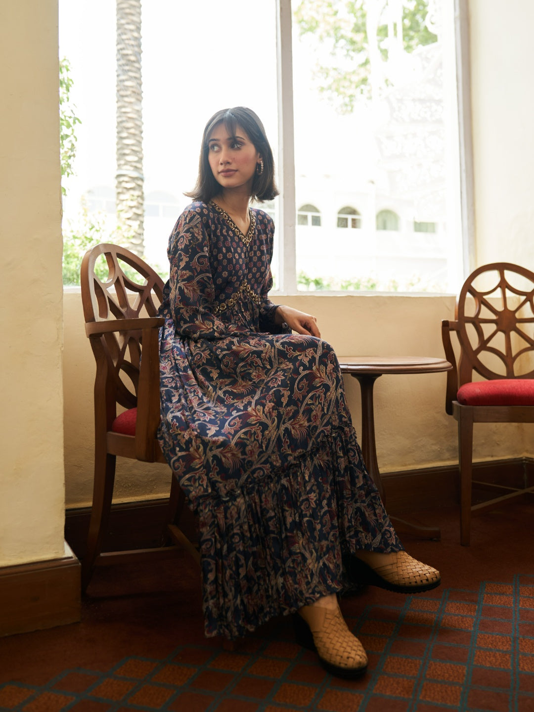 Navy Blue Digital Printed Viscose Satin With Hand Embroidery Kurta Set